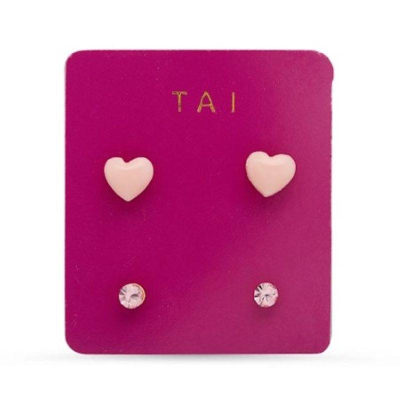 tai gold light pink heart stud earring set