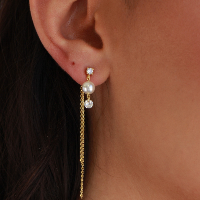 tai pearl gold cz dangle chain earring