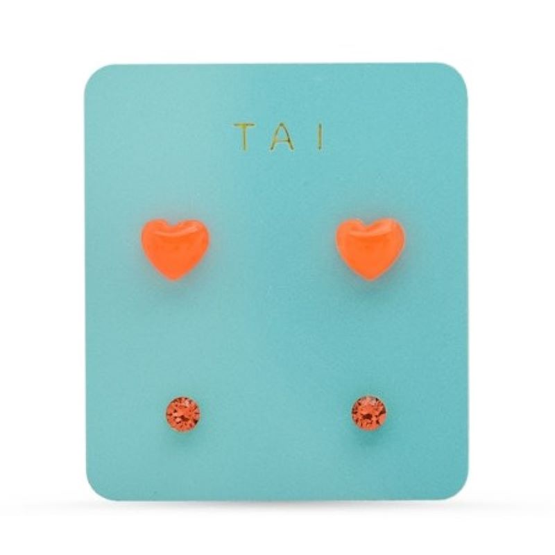 tai gold orange hear stud earring set